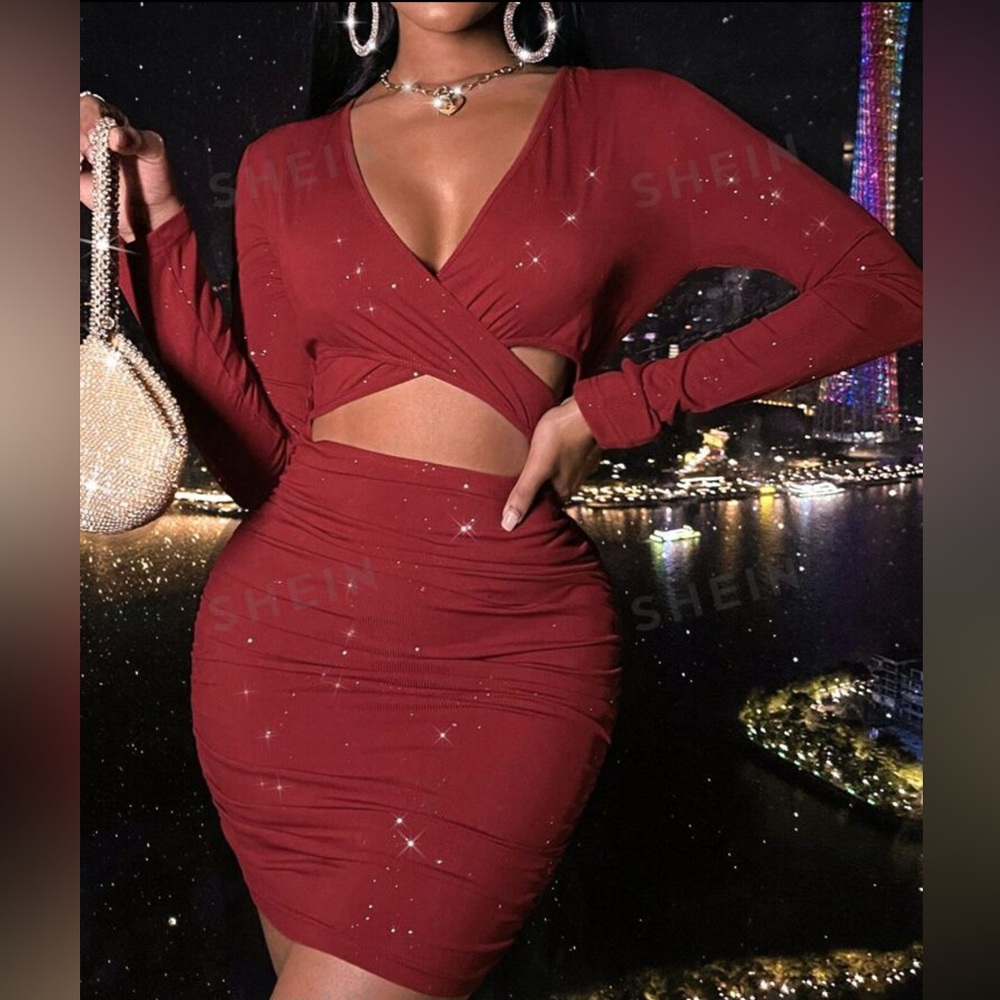 SHEIN SXY Plunging Neck Cut Out Front Bodycon Dress - Red